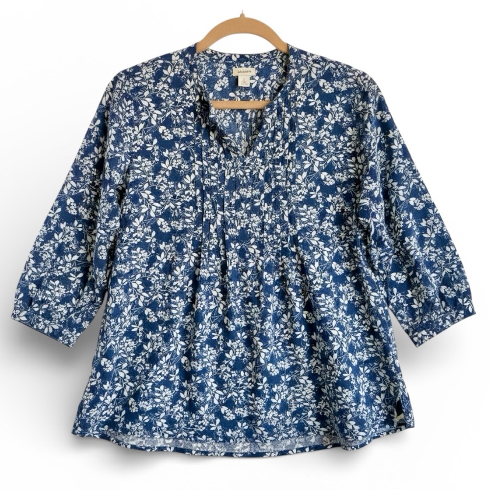 L.L. Bean Floral Cotton Peasant Blouse Boho Summer Top Travel Navy White Small